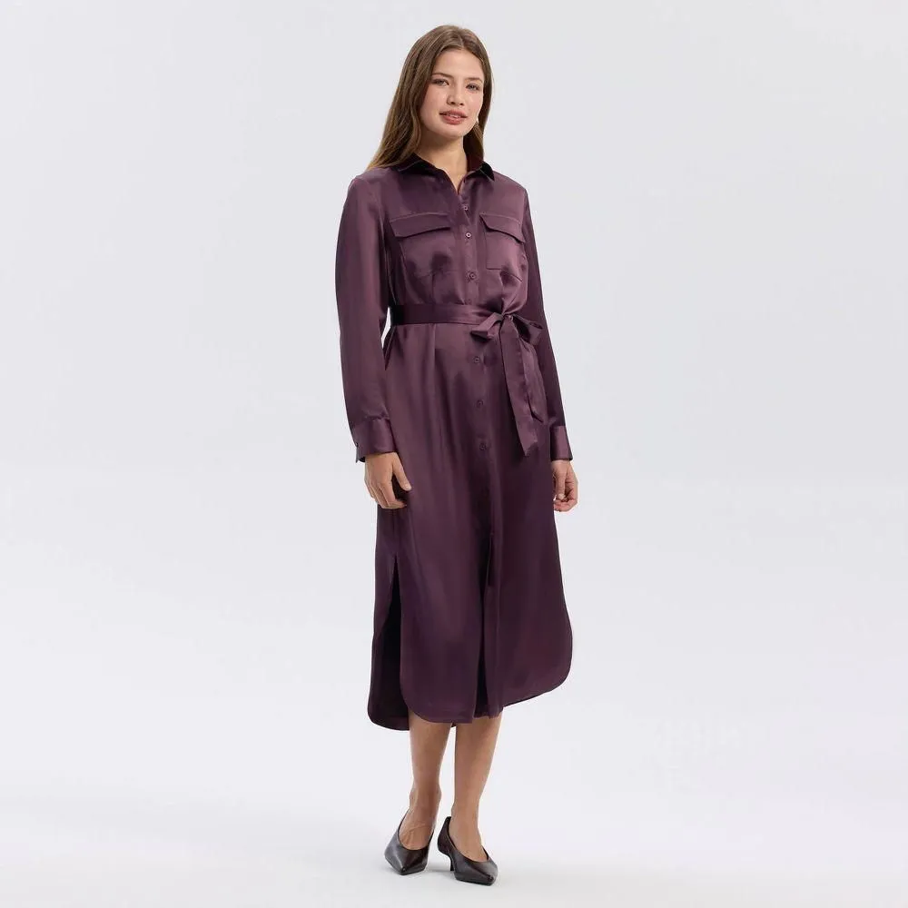New without Tags - Size: L - Women's Long Sleeve Belted Satin Midi Shirtdress - A New Day Wine