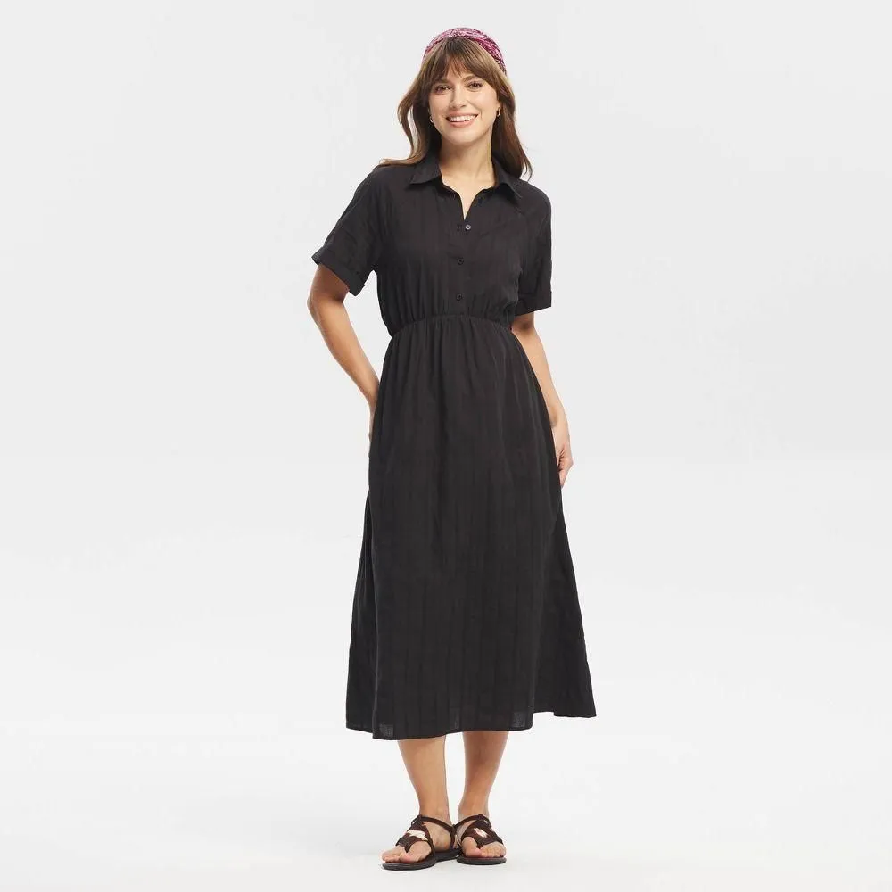 New without Tags - Women's Short Sleeve Button-Front Midi Shirtdress - Universal Thread Black M