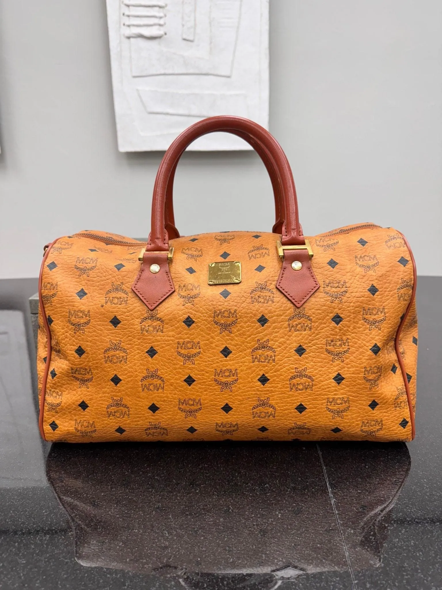 MCM Tan Visetos Leather Boston Bag