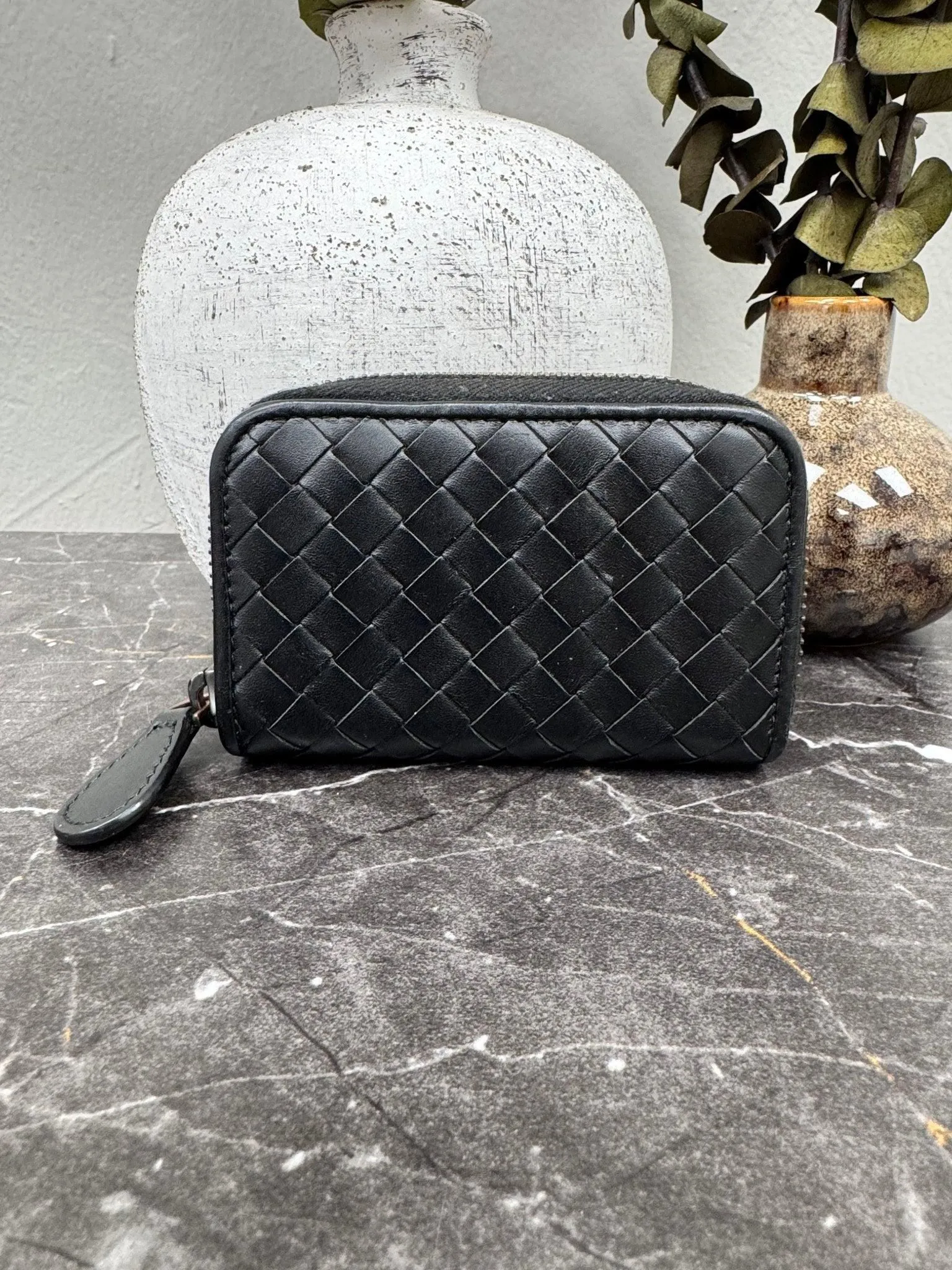 Bottega Veneta Black Intrecciato Leather Compact Zippy Wallet