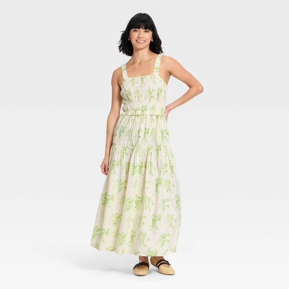 New without Tags - Women's Smocked Maxi A-Line Dress - Universal Thread Green Floral L