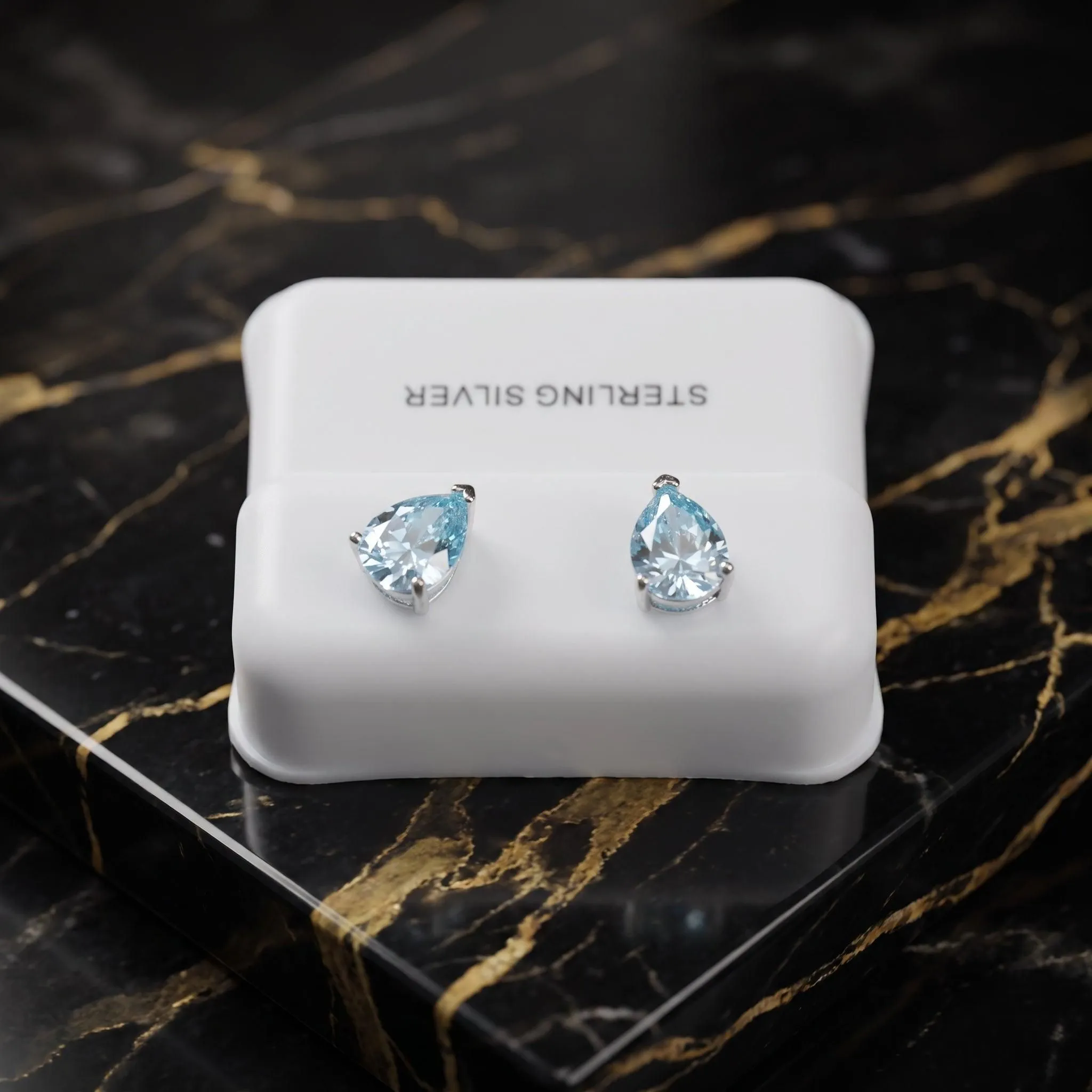 Pear Cz Earrings Blue Topaz 925 Sterling Silver 6x9mm