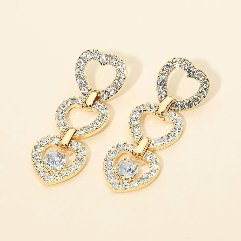 Gold Dipped Rhinestone Open Heart Link Drop Earrings