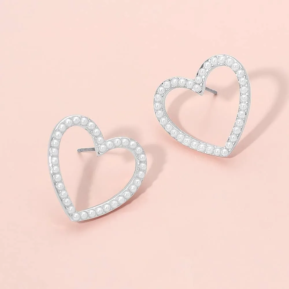Pearl Trim Open Heart Stud Earrings