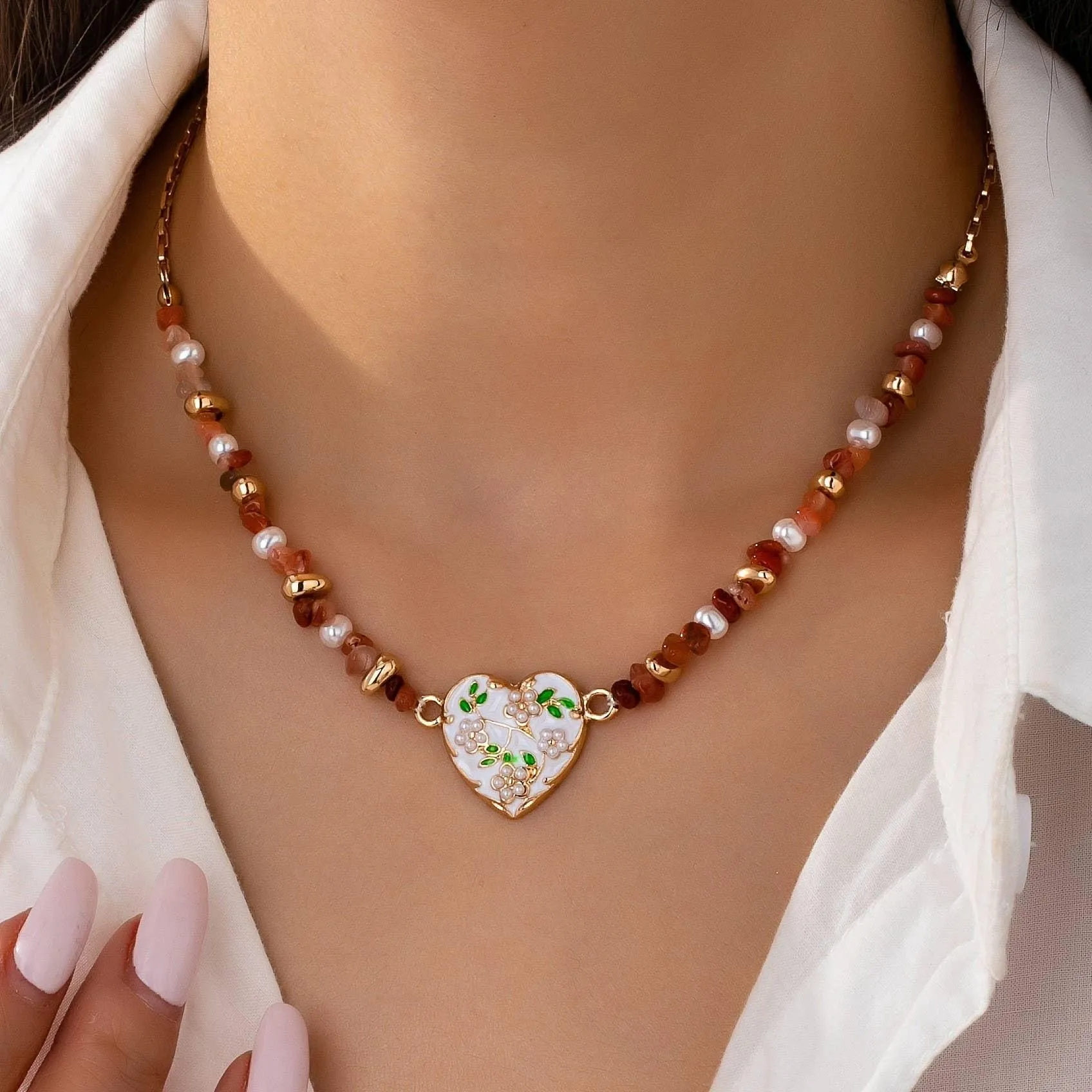 BEADED STONE CHAIN FLORAL PEARL HEART CHARM