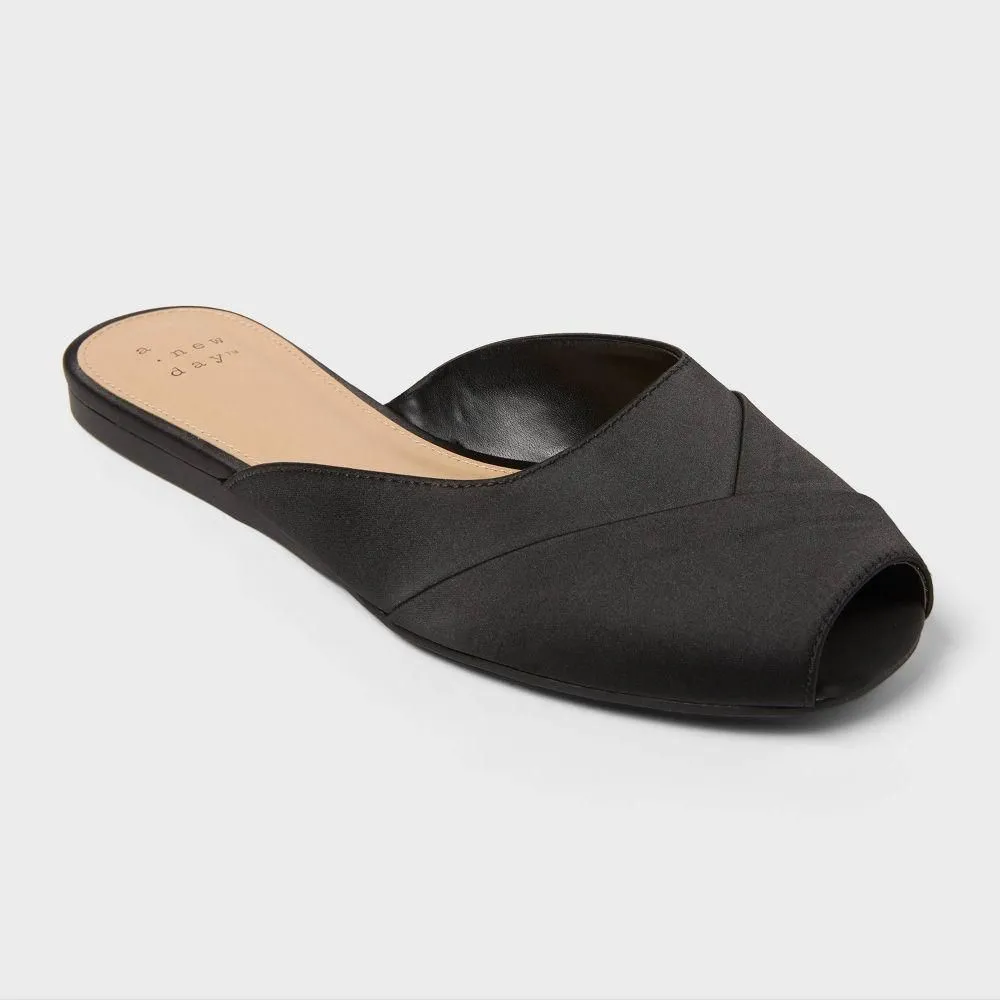 New without Tags - Size: 8.5 - Women's Trina Satin Peep Toe Mule Flats - A New Day Black
