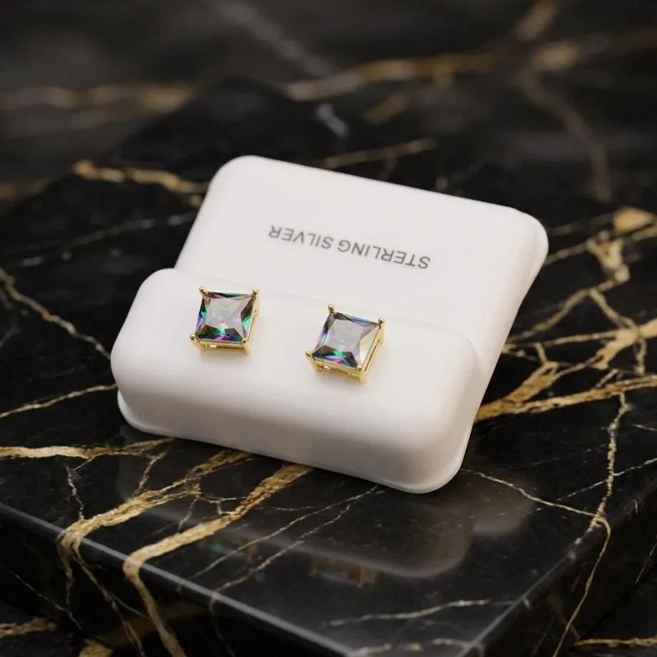 Mystic Topaz Cz Earrings Square 14k over 925 Sterling Silver 6mm