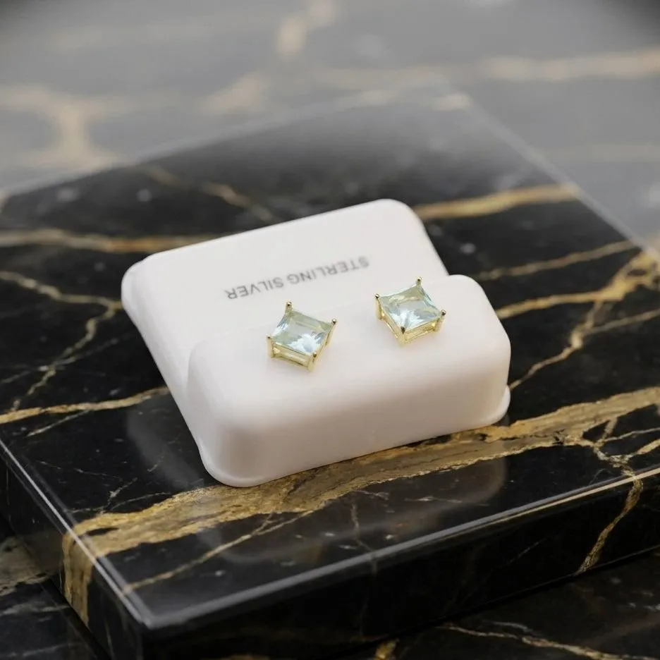 Blue Topaz Cz Earrings Square 14k Gold over 925 Sterling Silver