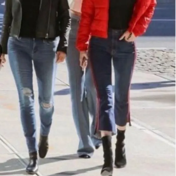 Product image for Etienne Marcel Tammy Side Stripe Skinny Double Red Ribbon High Low Raw Hem Jeans