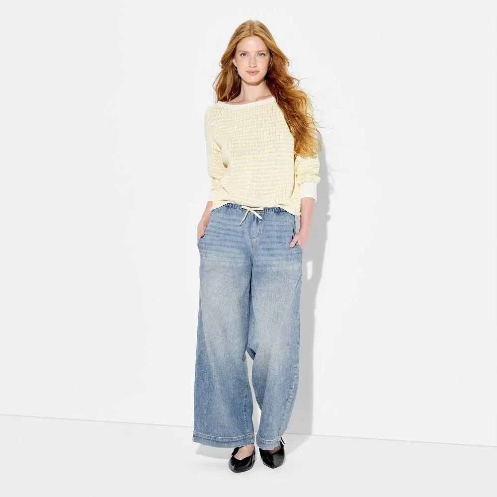 New without Tags - Size: M - Women's Mid-Rise Baggy Leg Easy Pull-On Jeans - Wild Fable Light Wash