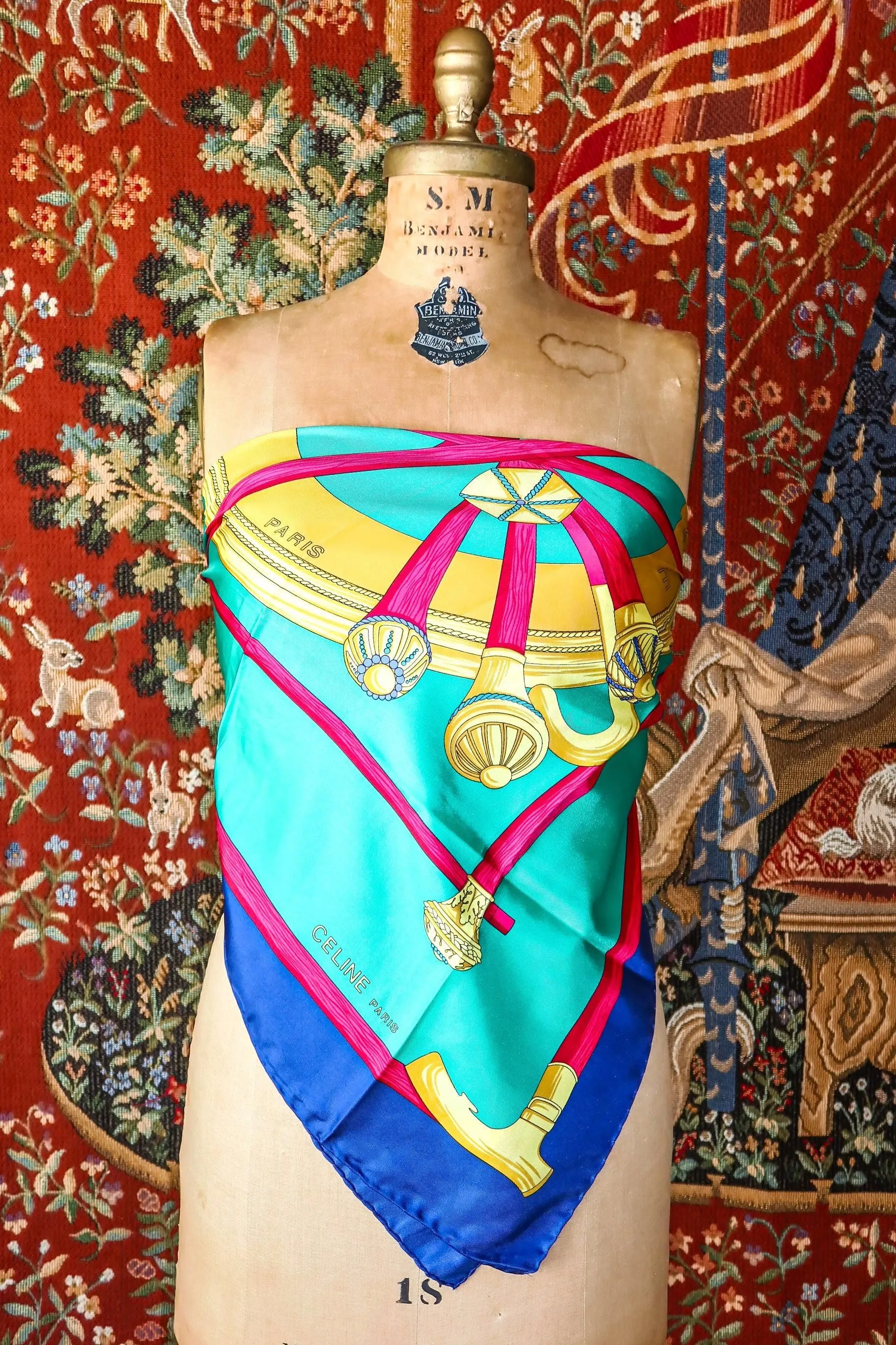 Vintage Celine Green + Blue Silk Scarf 0629-2399