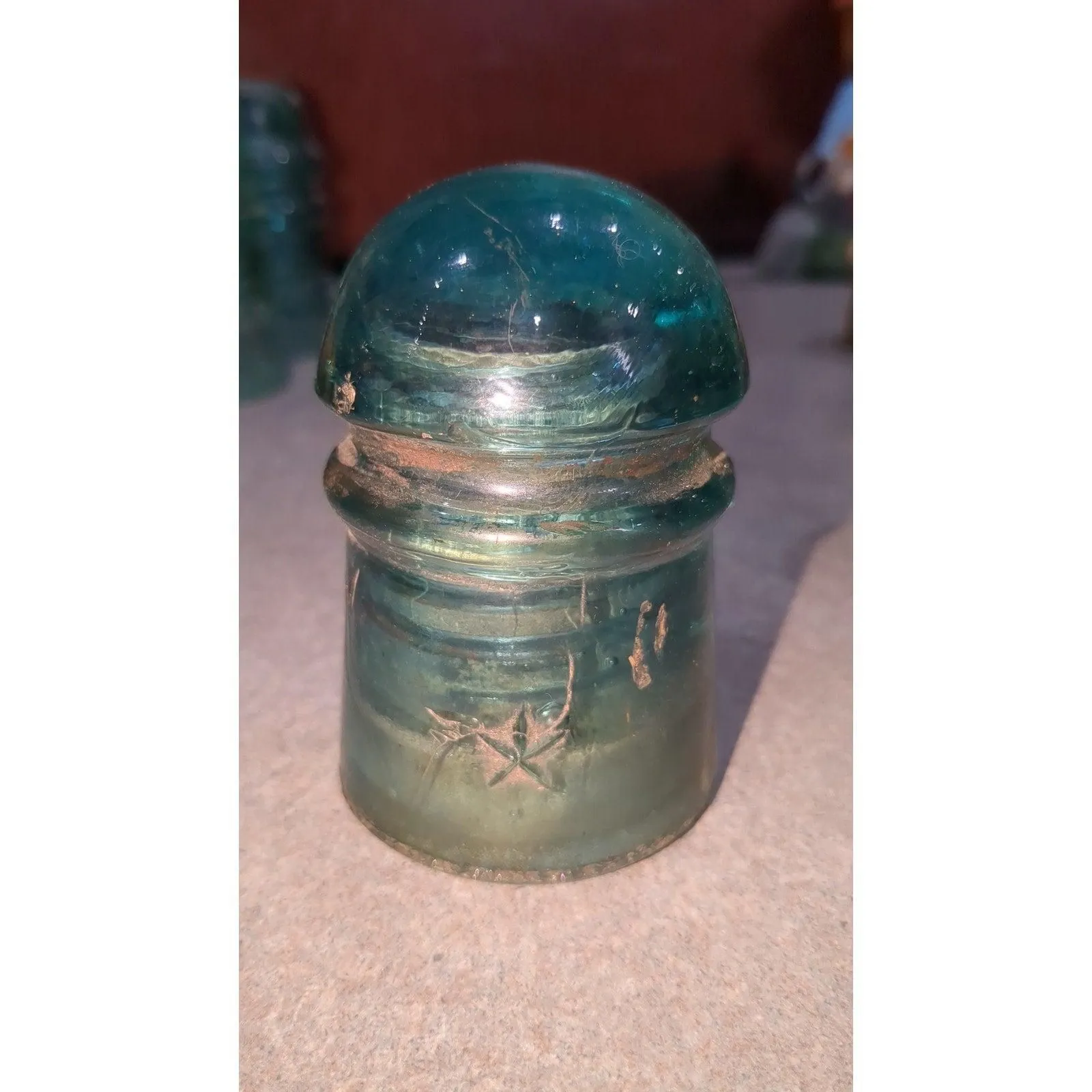 Vintage Insulator Aqua Blue Green Glass Double star Embossed Pony Telephone si8
