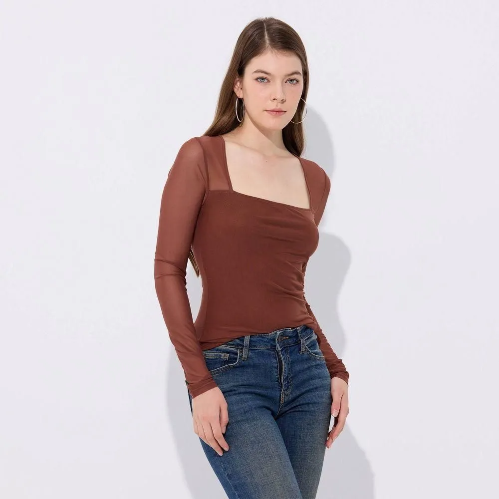 New without Tags - Women's Long Sleeve Sqauare Neck Mesh Top - Wild Fable Brown L