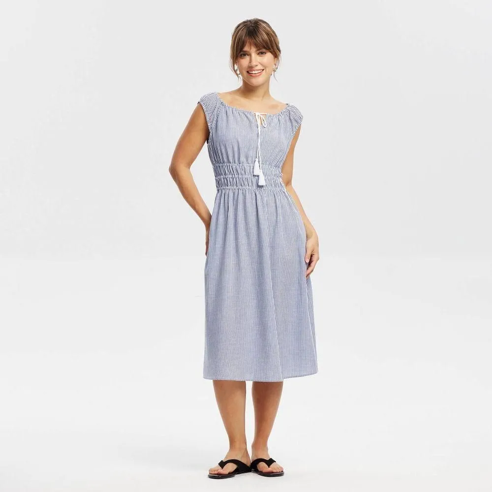 New without Tags - Size: XS - Women's Cap Sleeve Tassel Drawstring Midi Dress - Universal Thread Blue Striped