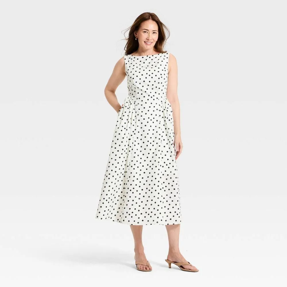 New without Tags - Size: S - Women's Corset Midi A-Line Dress - A New Day White Polka Dots