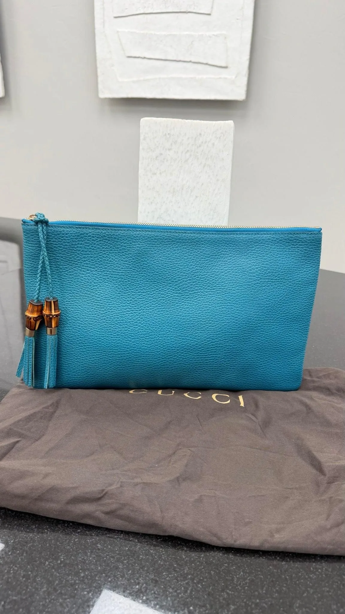 Gucci Teal Grained Leather Bamboo Clutch Pouch