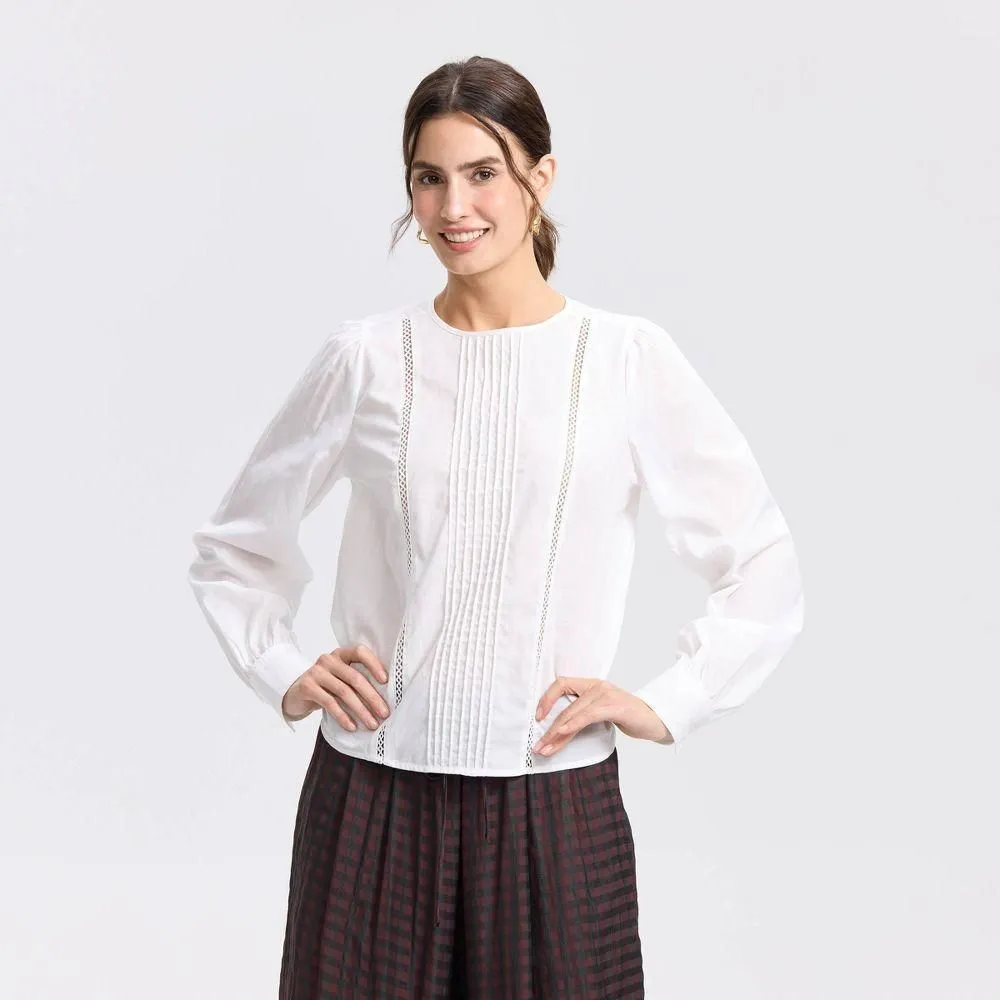New without Tags - Women's Bishop Long Sleeve Pintuck Blouse - Universal Thread White L