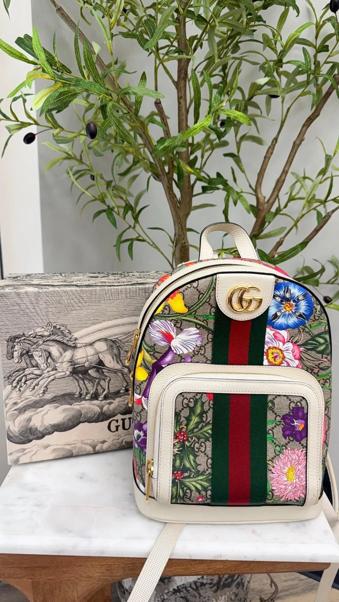 Gucci White GG Supreme Floral Mini Backpack