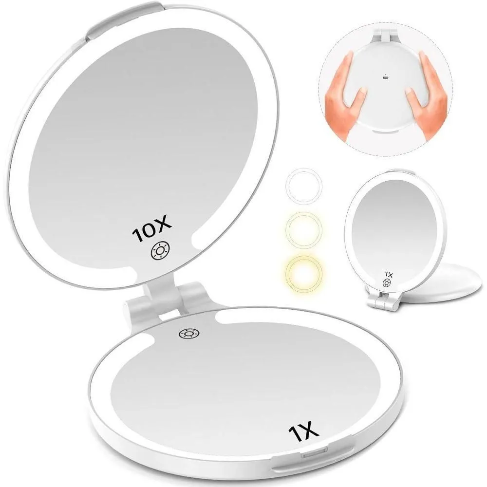 Brand New - FUNTOUCH 7'' Travel Makeup Mirror with 10X Magnifying 3 Color Lights 2-Sided