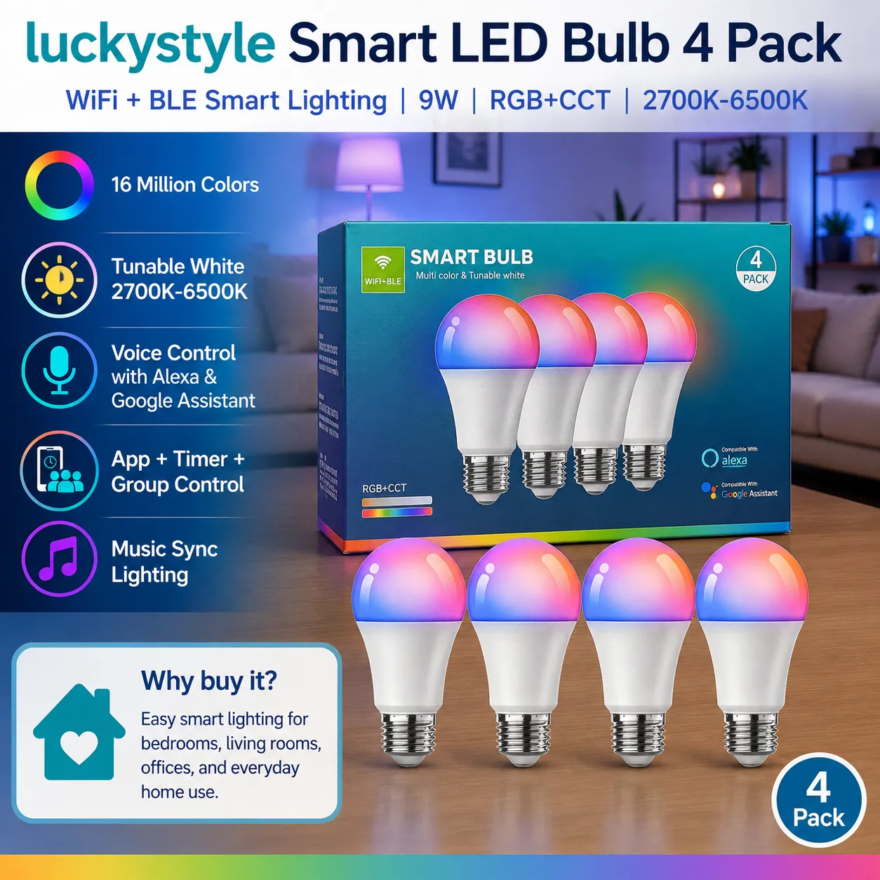 luckystyle Smart LED Bulbs 4 Pack WiFi Bluetooth RGB+CCT A19 E26 9W Compatible with Alexa and Google