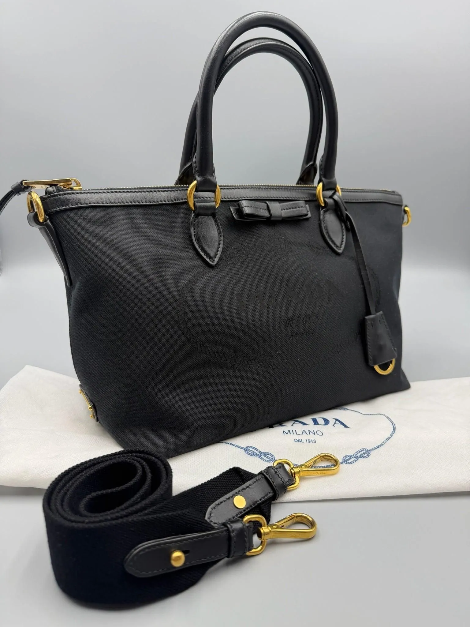 Prada Logo Jaquard Canvas tote with strap