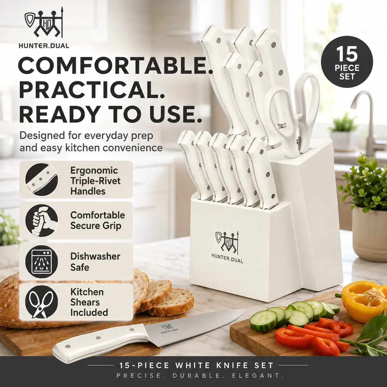 15-Piece White Kitchen Knife Set with Built-In Sharpening Stone