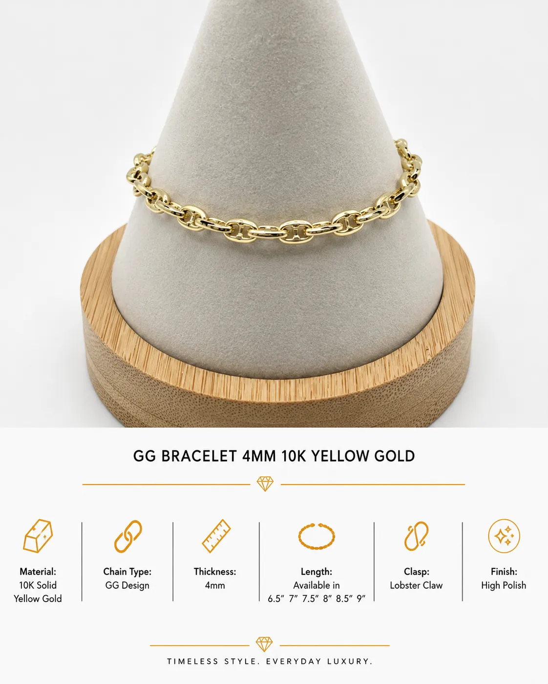 10K Yellow Gold GG Puff Mariner Bracelet 7.5" – 4mm Classic Link Bracelet