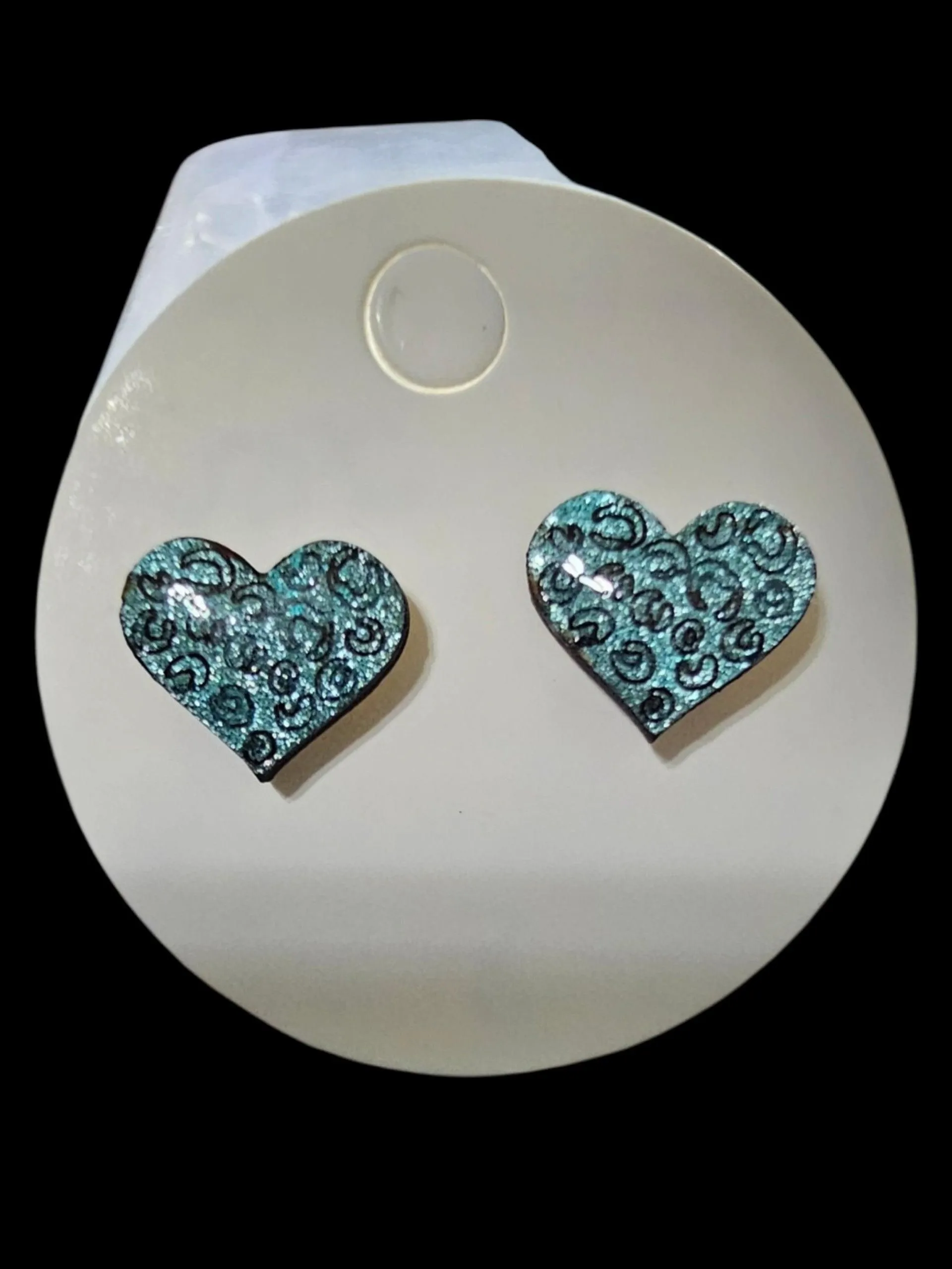 2956 Teal Wood Heart Stud Earrings with Animal Print