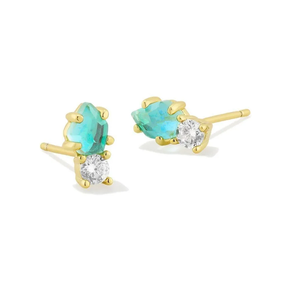 New - Kendra Scott Jensen Birthstone Stud Earrings - Gold/Teal Dichroic Glass One Size