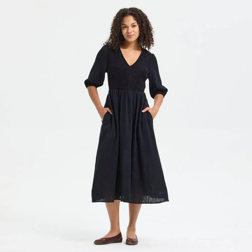 New without Tags - Women's Puff Elbow Sleeve Embroidered Midi Dress - Universal Thread Black XL