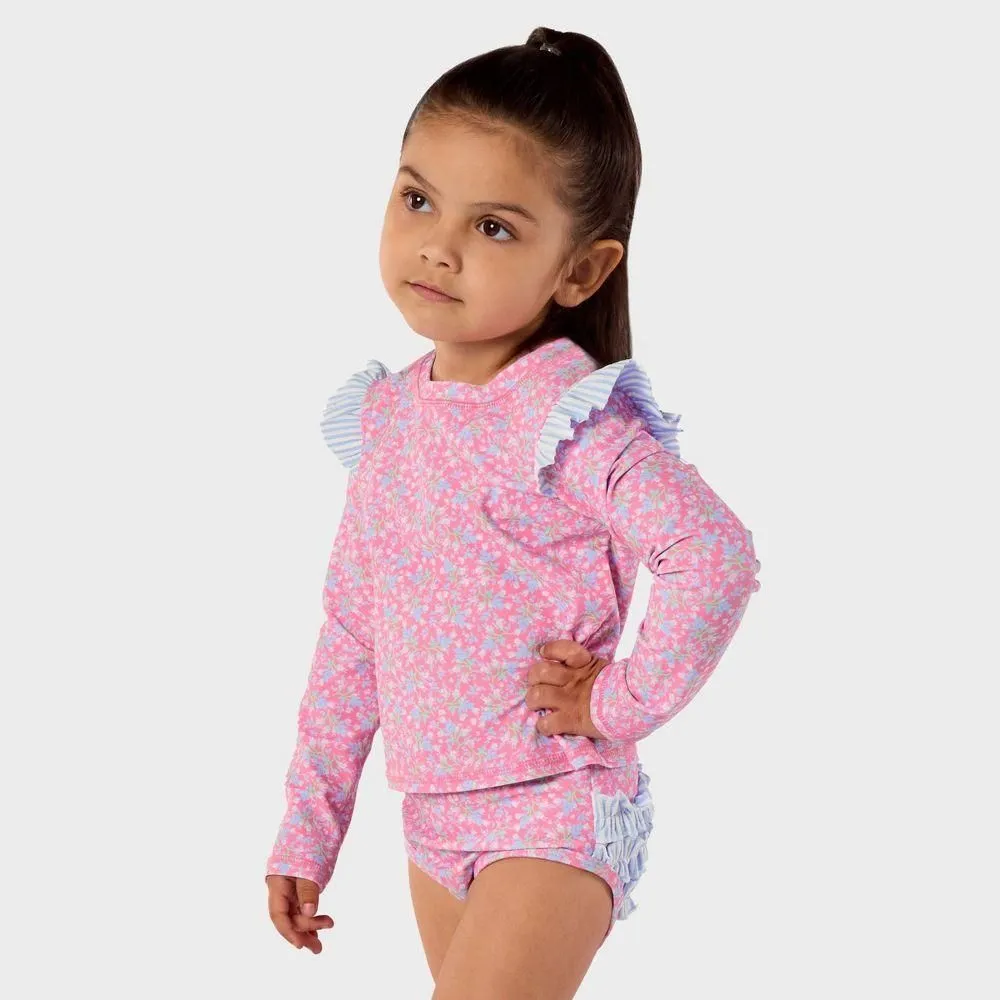 New without Tags - Size: 3T - RuffleButts Toddler Girls' Ditsy Floral Long Sleeve 2pc Rash Guard Set -