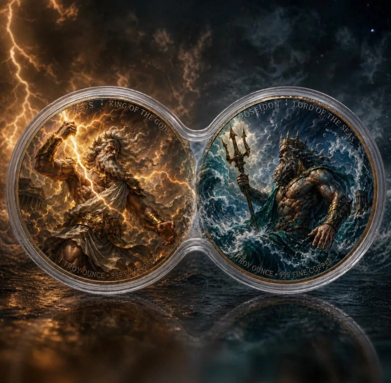 In Stock! Zeus vs Poseidon Infinity Copper Coin Pair | 2 x 1 Troy Ounce .999 Fine Copper with Infinity Display Capsule