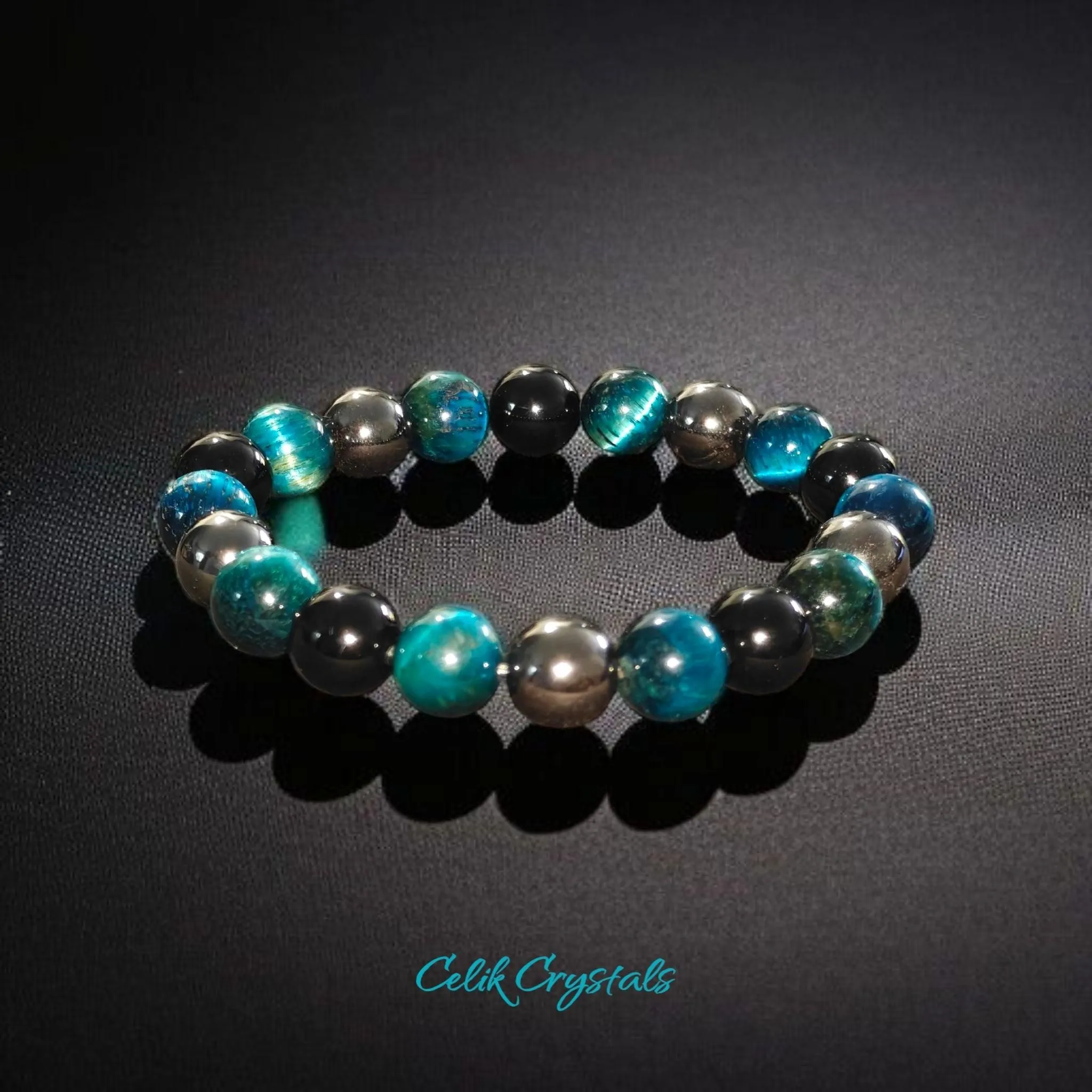 Triple Protection Bracelet 10mm Lake Blue Tiger Eye, Obsidian & Hematite