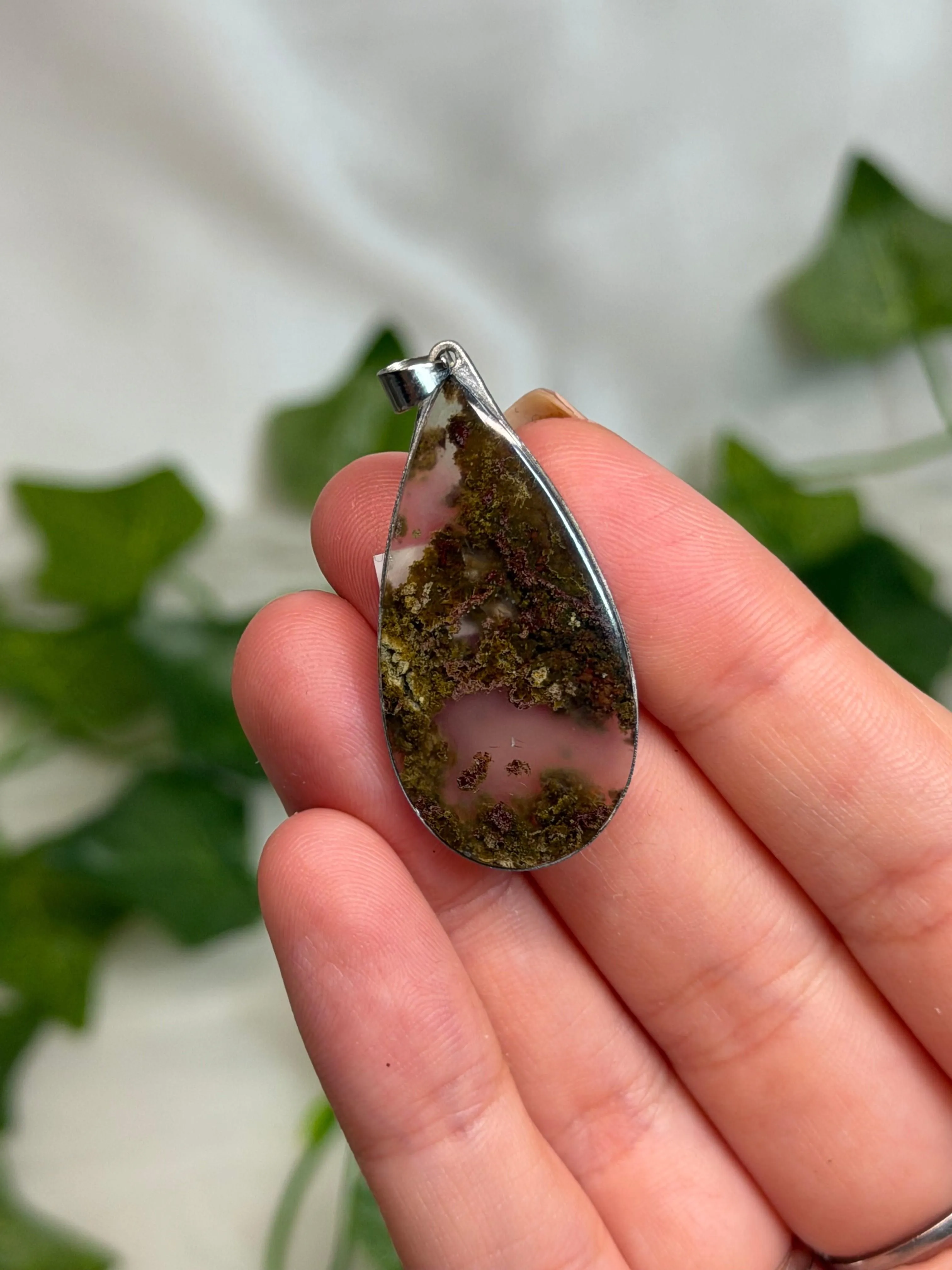 Teardrop Scenic Moss Agate Pendant (Stainless Steel)