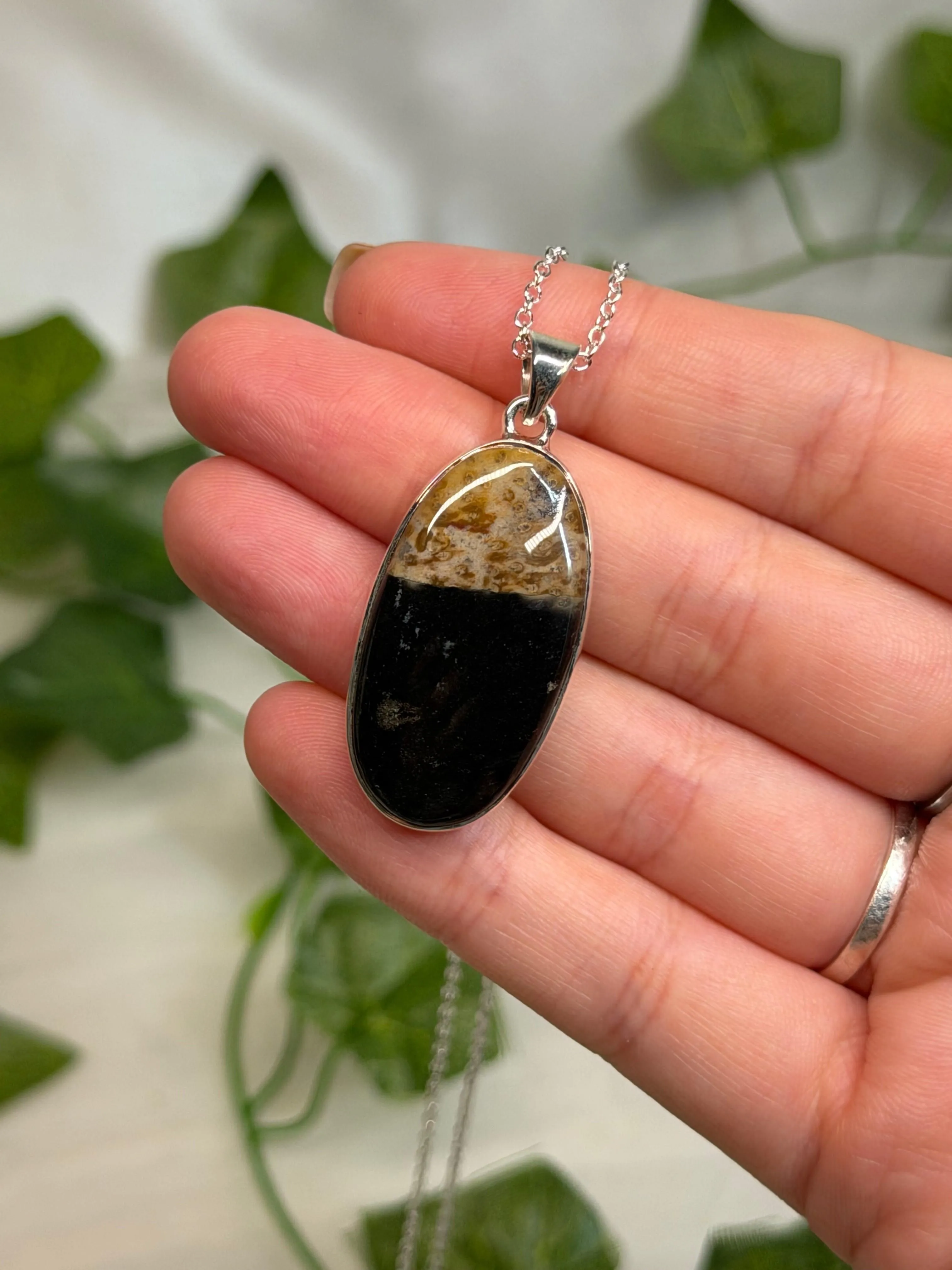 Oval Petrified Wood Pendant (925 Sterling Silver)
