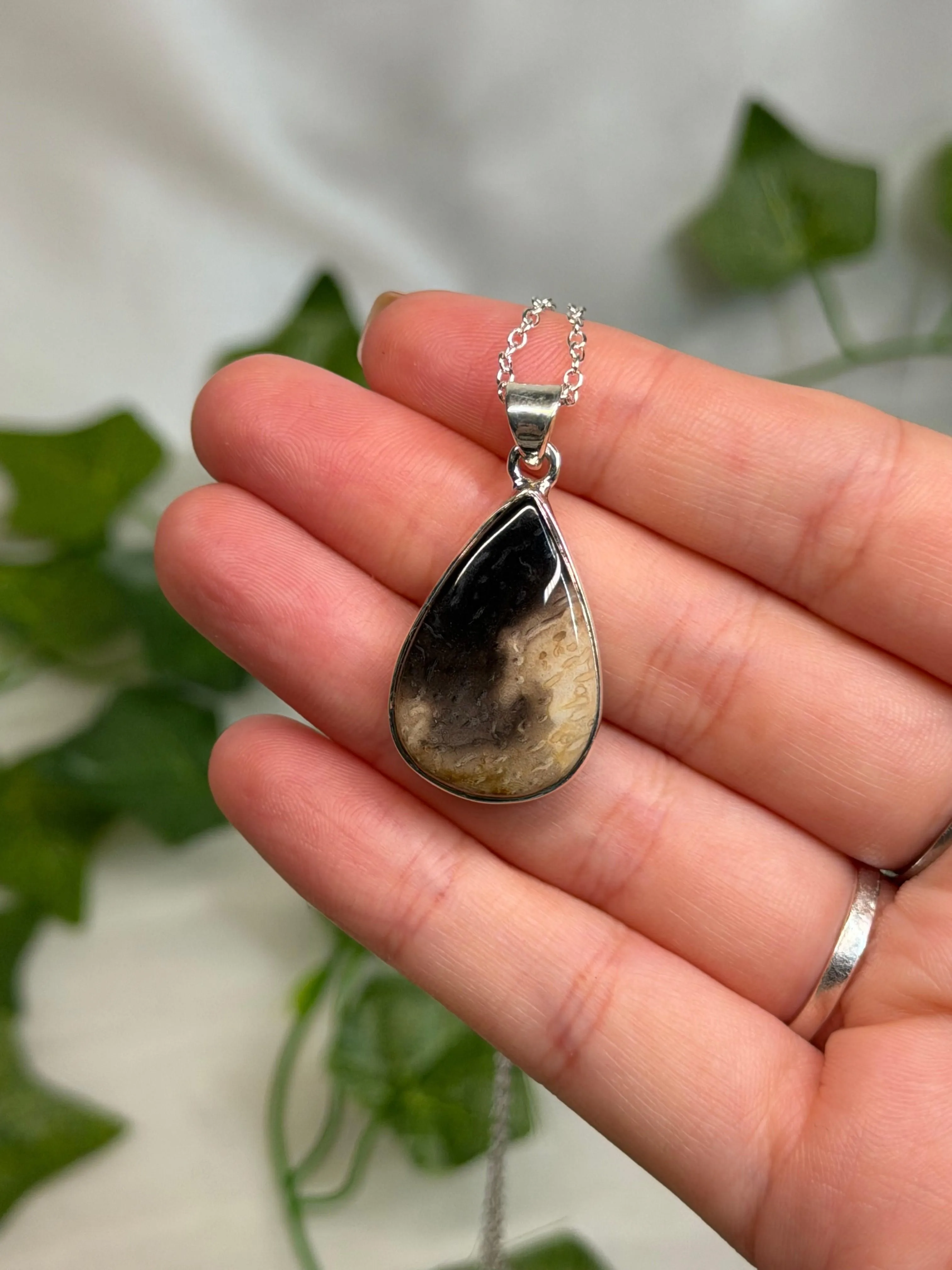 Teardrop Petrified Wood Pendant (925 Sterling Silver)