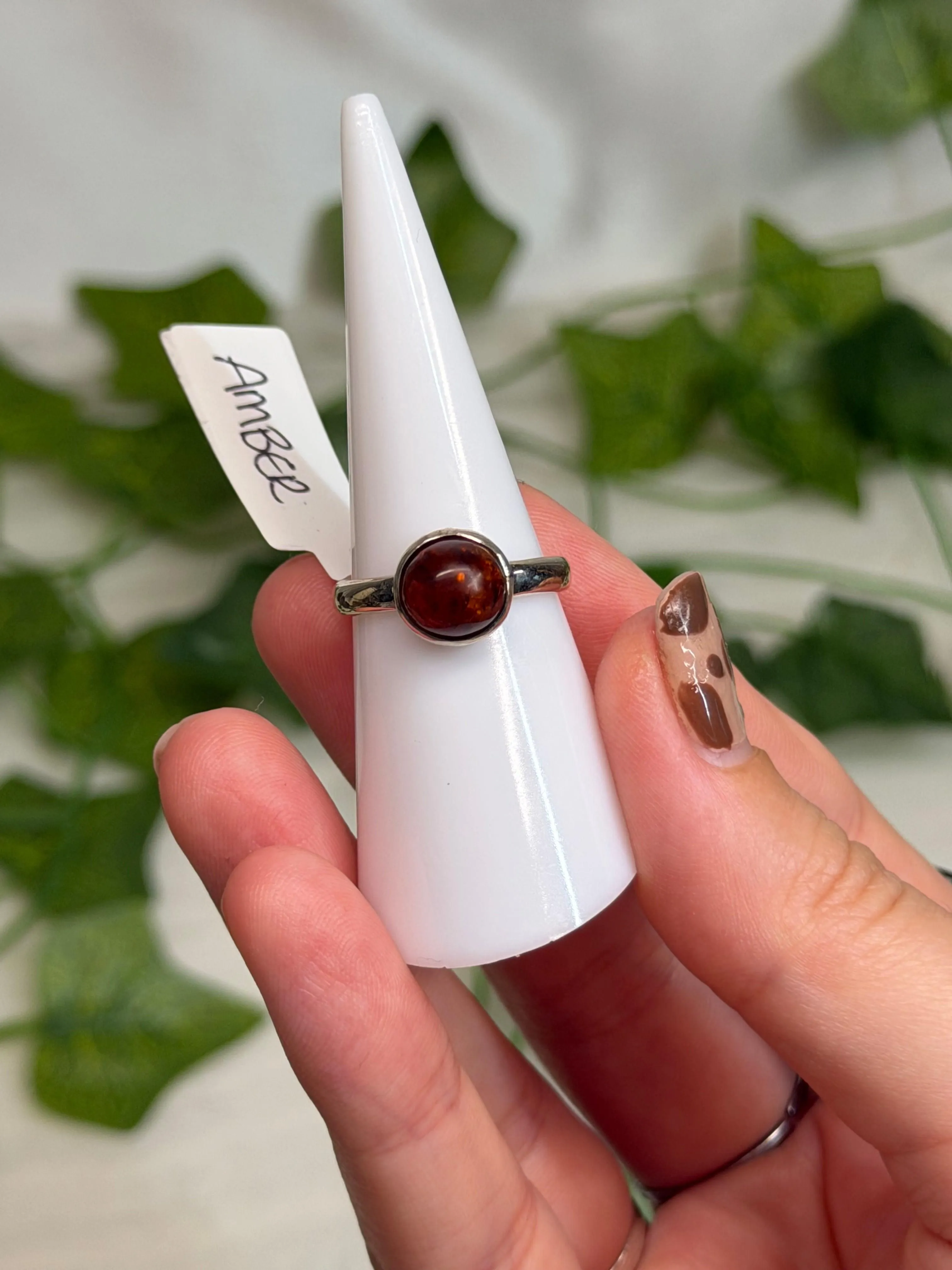Round Amber Ring Size M (925 Sterling Silver)