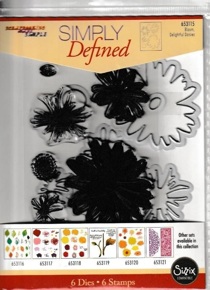 653115 Sizzix Simply Defined Bloom Delightful Daisies 6 Dies 6 Stamps Set