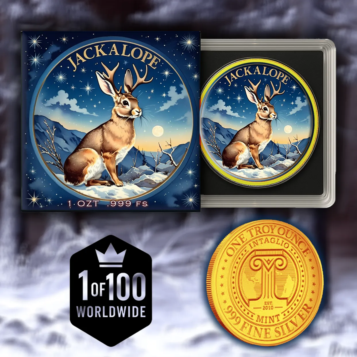 In Stock! 2025 1oz Colorized Intaglio Jackalope .999 Silver Medal