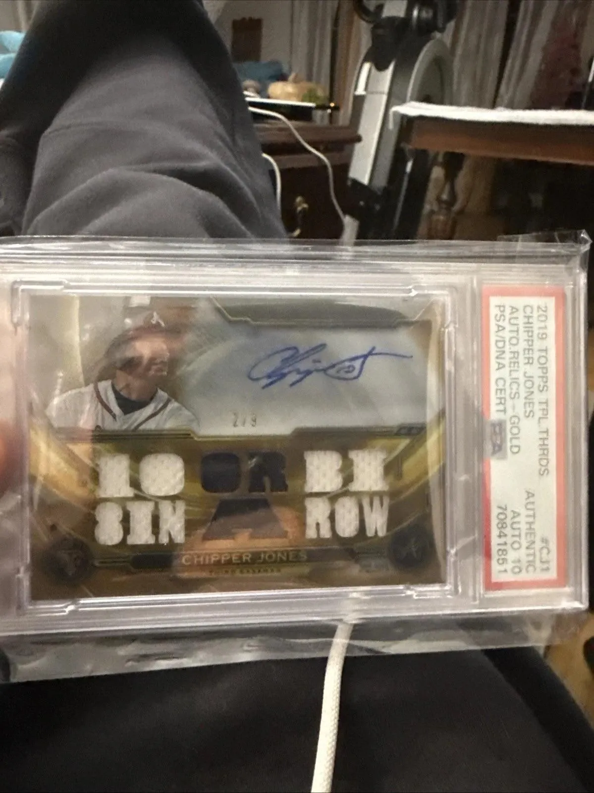 2019 Triple Threads Chipper Jones Jersey Auto Gold #/9 Braves PSA AUTH /10