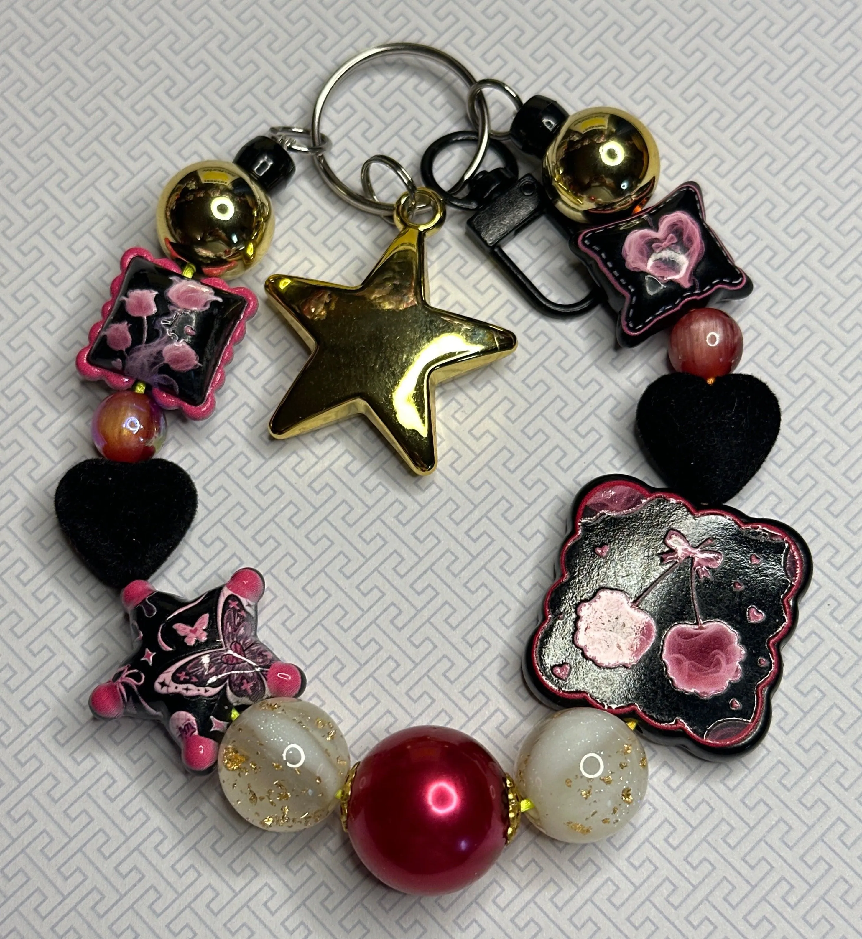 Midnight Cherry Bomb Chunky Goth-Kawaii Charm Wristlet / Keychain