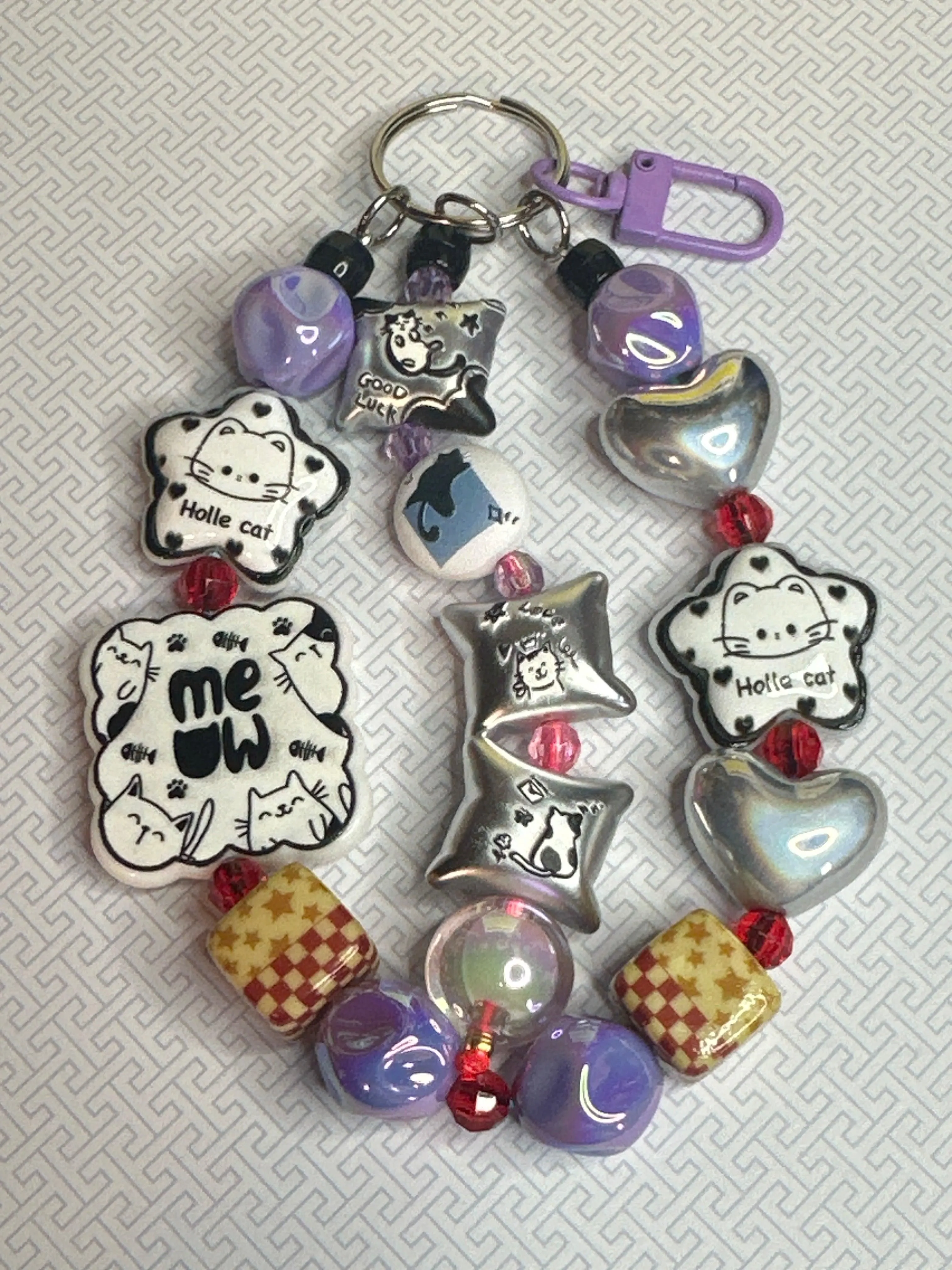 K085 “Meow” Chunky Beaded Cat Bag Charm – Purple, Silver, & Checkerboard