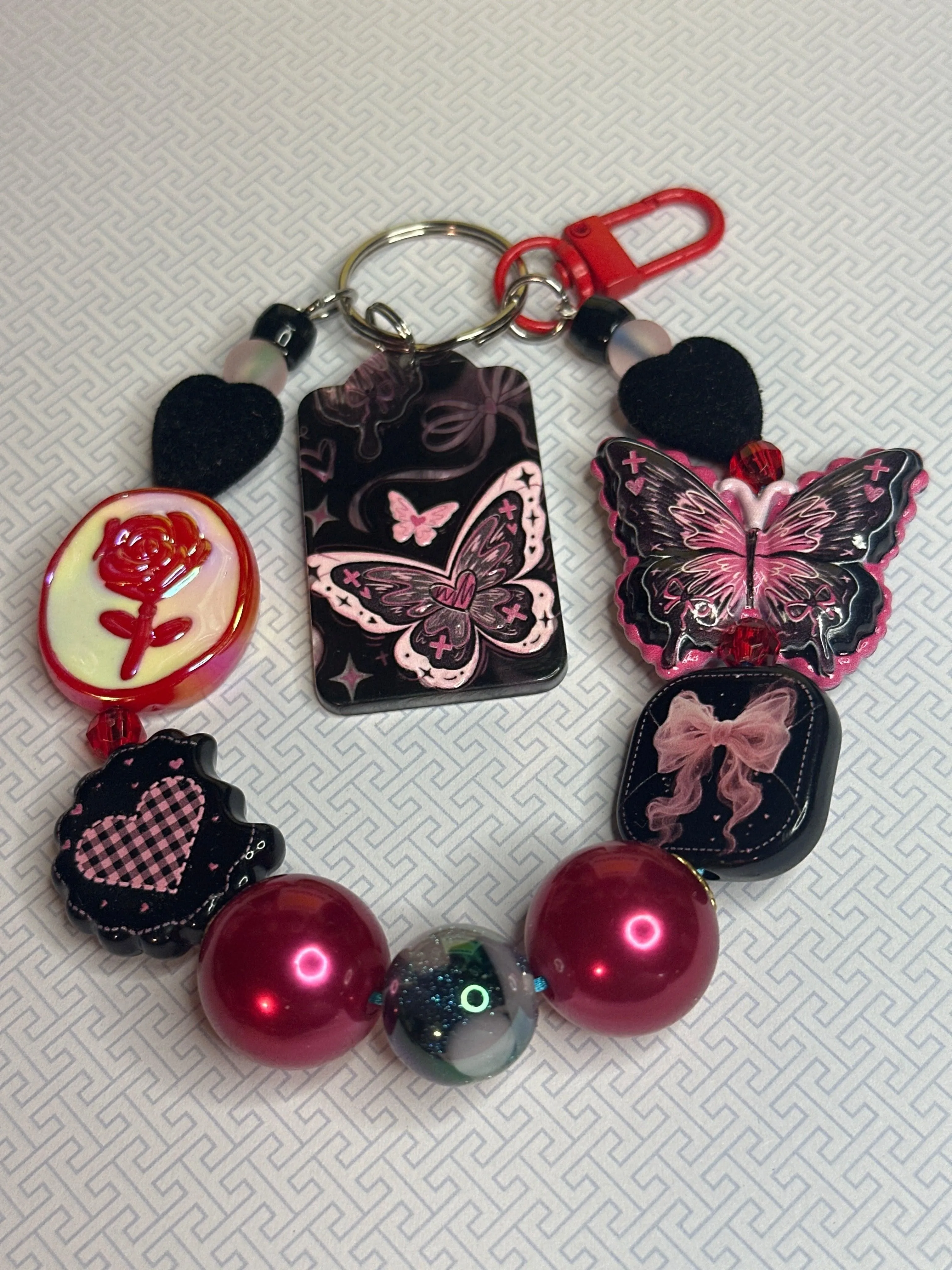K102 Cyber Goth Pink & Black Butterfly Coquette Beaded Bag Charm 🎀 Keychain