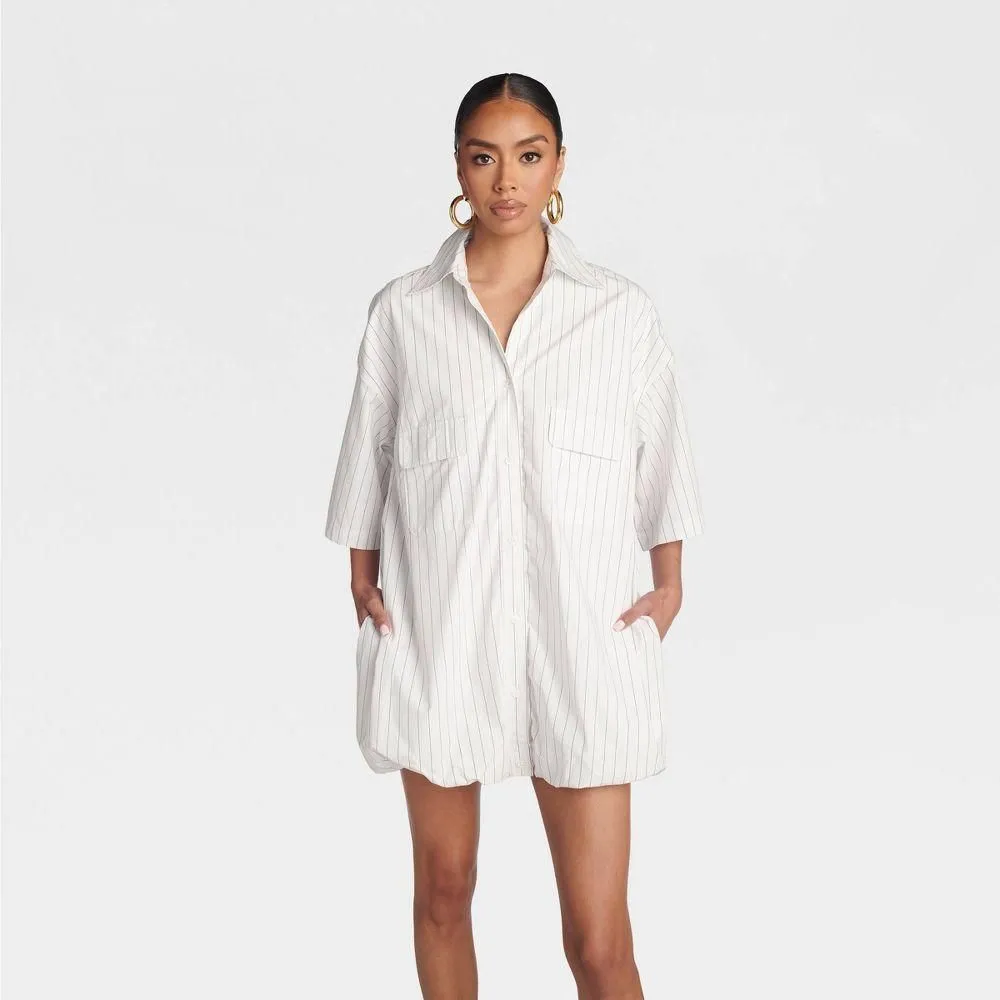 New without Tags - Size: L - KBB by KAHLANA Women's Short Sleeve 'The Bubble Shirt Dress' - White/Navy