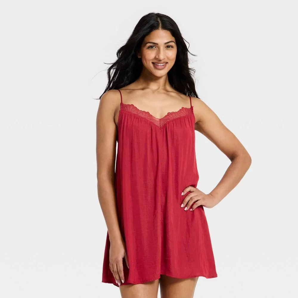New without Tags - Women's Luxury Collection Lace Trim Satin Chemise - Auden Dark Pink L