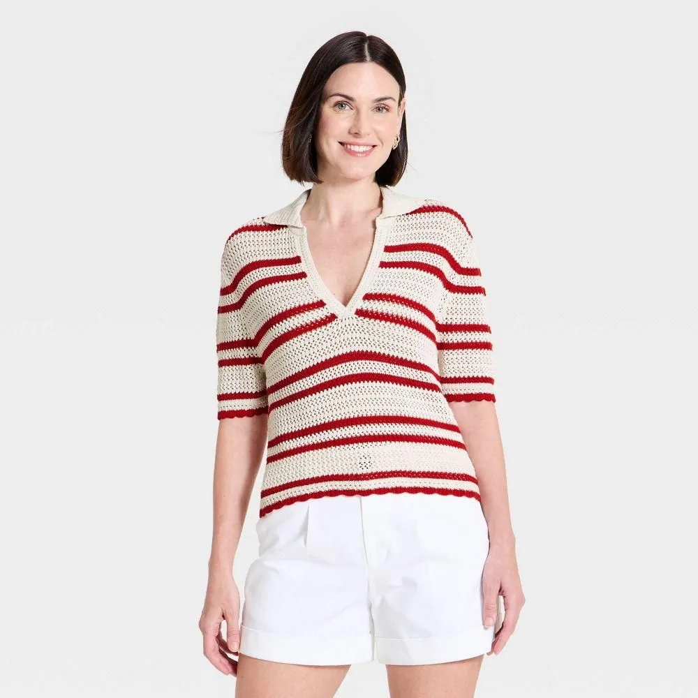 New without Tags - Size: XS - Women's Short Sleeve Polo Pullover Sweater Top - A New Day Cream/Red