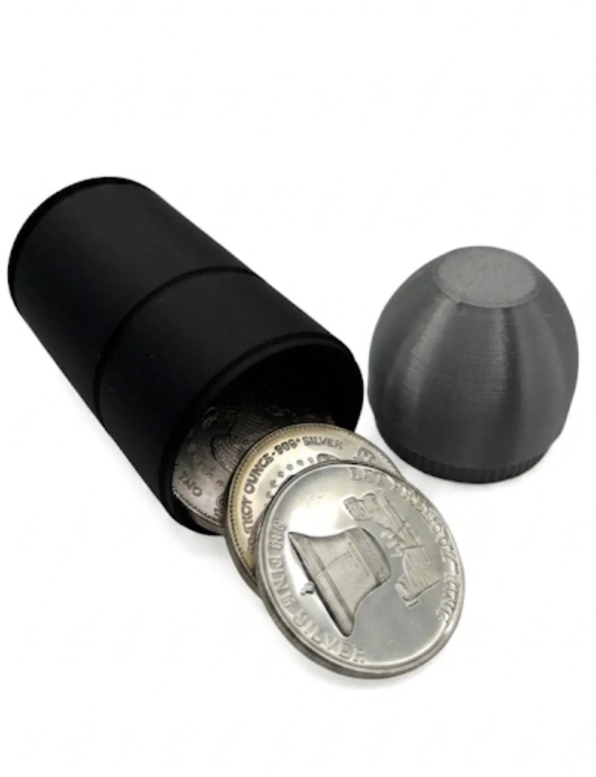 40mm GRENADE COIN HOLDER FOR 1 oz RAW COINS/ROUNDS! BLACK AND SILVER COLOR SCHEME.