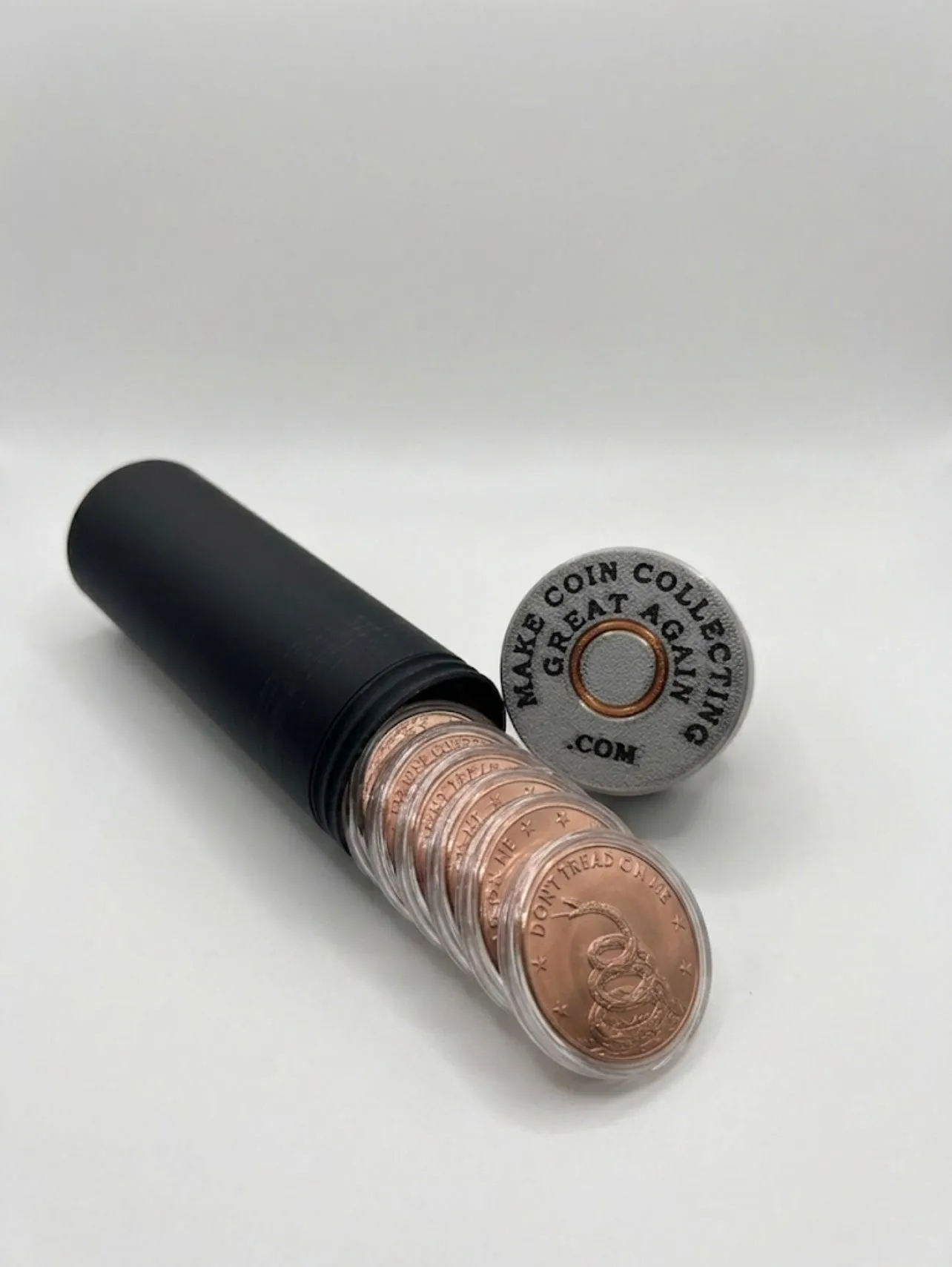LARGE SHOTGUN SHELL COIN HOLDER FOR 1 oz COINS/ROUNDS IN AIR-TIGHT CAPSULES! BLACK AND SILVER COLOR SCHEME.