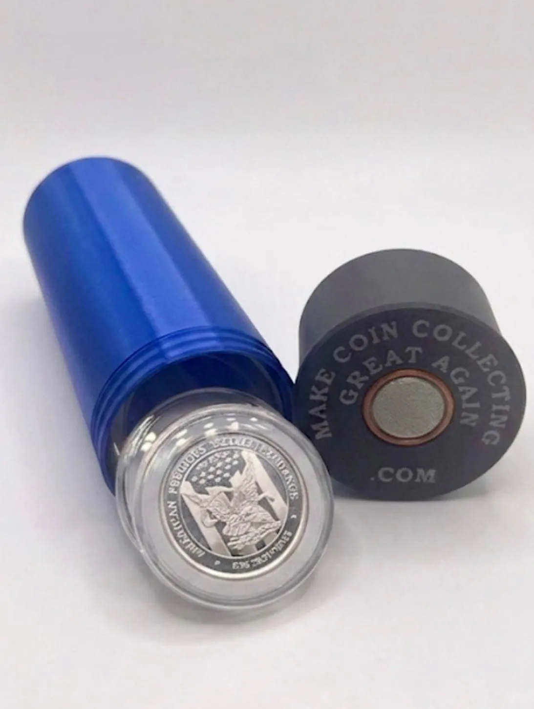 LARGE SHOTGUN SHELL COIN HOLDER FOR 1 oz COINS/ROUNDS IN AIR-TIGHT CAPSULES! BLUE AND BLACK COLOR SCHEME.