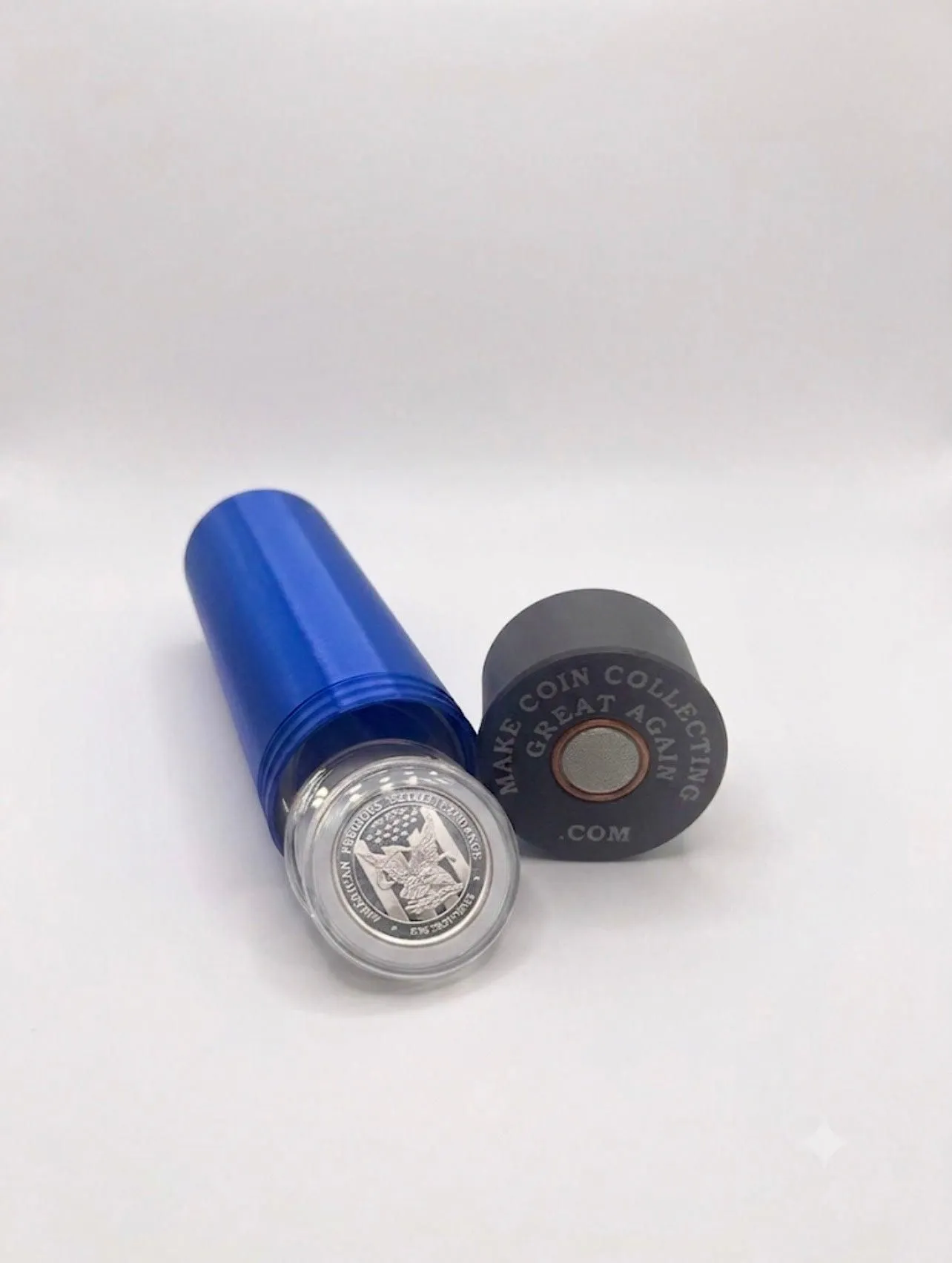 LARGE SHOTGUN SHELL COIN HOLDER FOR 1 oz COINS/ROUNDS IN AIR-TIGHT CAPSULES! BLUE AND BLACK COLOR SCHEME.